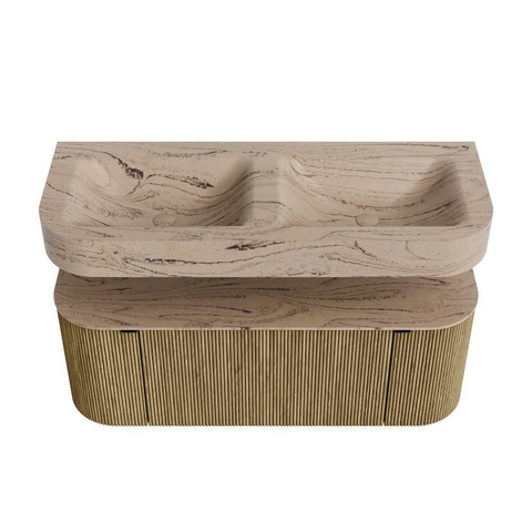 MONDIAZ THOR-DLUX 120cm meuble de salle de bains arrondi gauche + droite couleur Dusk avec 1 tiroir et 2 portes. Vasque suspendue CLOUD Double 2 trous de robinet couleur Arena. SW1463391