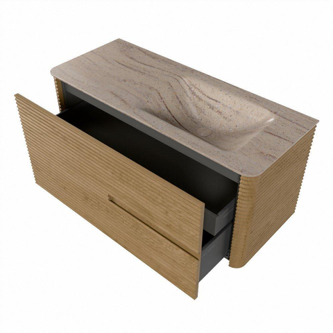 Mondiaz CIRO-DLUX Meuble de salle de bains - 110x45x50cm - Plan vasque solid surface Saba - 1 vasque à droite - 1 trou de robinet - 2 tiroirs - Chêne SW1531178