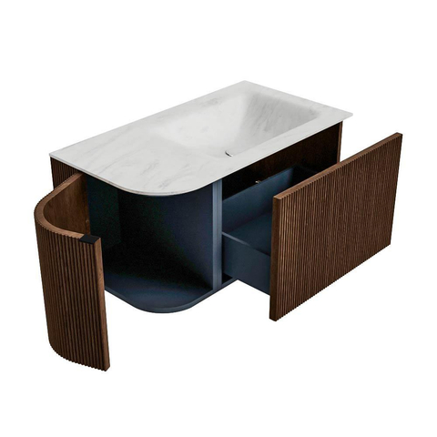 MONDIAZ KURVE-DLUX Meuble de salle de bains 85cm avec module 25 L couleur Walnut avec 1 tiroir et 1 porte. Lavabo CLOUD à droite 1 trou de robinet couleur Opalo. SW1137612