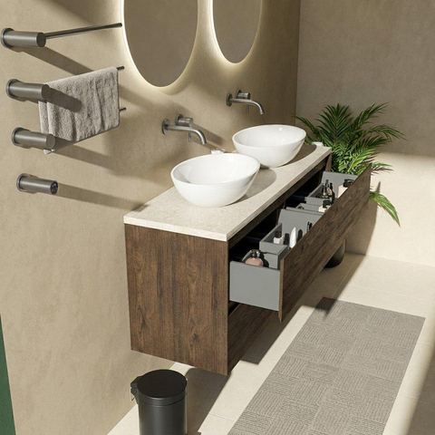 Saniclass Holz Pure Badkamermeubelset - 140x45x63cm - Travertine natuurstenen topblad - zonder kraangat - 4 lades - mat eiken charcoal (hout) SW1478894
