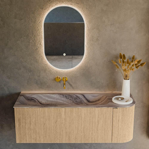 MONDIAZ KURVE-DLUX 125cm badmeubel ronding Rechts kleur Oak met 1 lade en 1 deur. Wastafel BIG MEDIUM Links zonder kraangat Sombra. SW1433561
