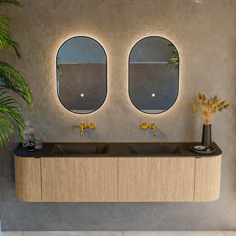 MONDIAZ KURVE meuble de salle de bains 180 cm avec module 25 Len R couleur Chêne avec 2 tiroirs et 2 portes. Lavabo CLOUD double sans trou de robinet Urban. SW1138394
