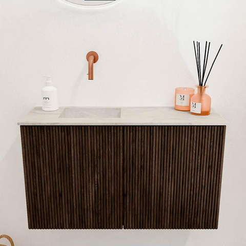 Mondiaz JOYA-DLUX 70cm toiletmeubel - kleur Walnut - Wastafel FAYE positie Links Zonder kraangat kleur Ostra. SW1422587