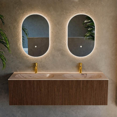 MONDIAZ KURVE-DLUX 150cm badmeubel kleur Walnut met 2 lades en 0 deuren. Wastafel STOR SMALL Dubbel 2 kraangaten Arena. SW1431256