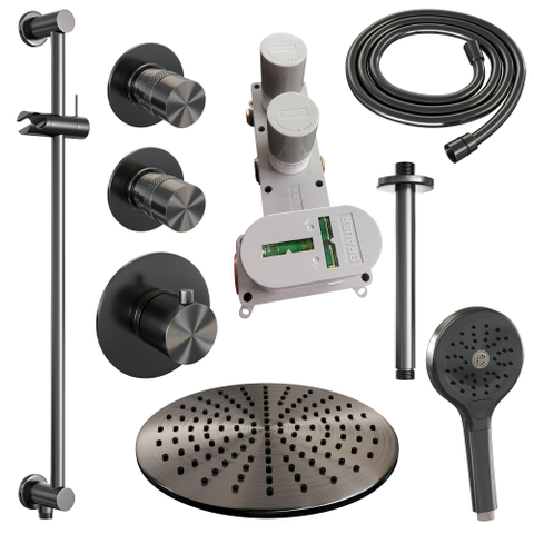 Brauer Gunmetal Edition Douche pluie thermostatique avec pommeau 30cm et bras plafond 20cm et douchette Rond 3 jet flexible lisse avec coude mural Gunmetal brossé PVD SW715839