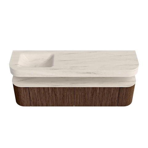 MONDIAZ THOR-DLUX 180cm meuble de salle de bains arrondi gauche + droite couleur Walnut avec 2 tiroirs et 2 portes. Vasque suspendue CLOUD Gauche 1 trou de robinet couleur Meli. SW1466163