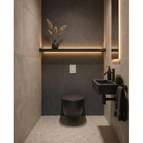 QeramiQ Dely Swirl Toiletset - 36.5x 53cm - Grohe Rapid inbouwreservoir - slim zitting - witte bedieningsplaat - rechthoekige knoppen - matte black (mat zwart) SW1130187