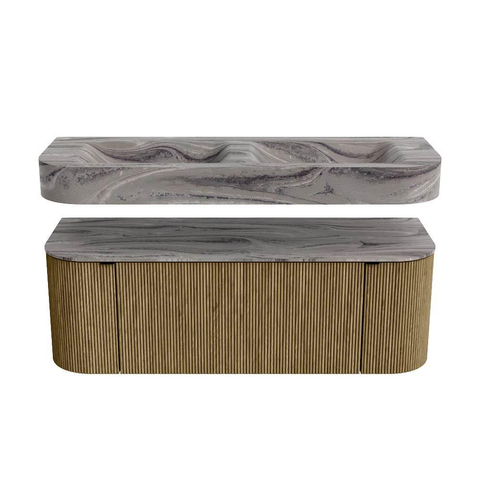 MONDIAZ THOR-DLUX 130cm meuble de salle de bains arrondi gauche + droite couleur Dusk avec 1 tiroir et 2 portes. Vasque suspendue CLOUD Double sans trou de robinet couleur Sombra. SW1464070