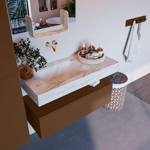 Mondiaz ALAN-DLUX Ensemble de meuble - 100cm - meuble Rust mat - 1 tiroir - Lavabo Cloud Frappe suspendu - vasque Gauche - 0 trous de robinet SW805069