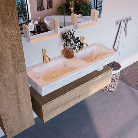 Mondiaz ALAN-DLUX Ensemble de meuble - 130cm - meuble Washed Oak mat - 1 tiroir - Lavabo Cloud Opalo suspendu - vasque Gauche et droite - 2 trous de robinet SW808975