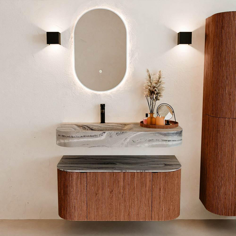 MONDIAZ THOR-DLUX Meuble de salle de bains - 100cm - arrondi gauche + droite - couleur Ruby - 1 tiroir - 2 portes - Vasque suspendue CLOUD gauche 1 trou de robinet - couleur Sombra SW1467627