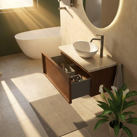 Saniclass Holz Frame Ensemble de meubles de salle de bains - 100x45x43cm - Plan de toilette en pierre naturelle travertin - 1 trou de robinet - 1 tiroir - walnut pure mat (bois) SW1478867