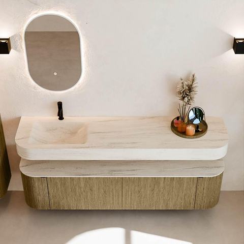 MONDIAZ THOR-DLUX 180cm meuble de salle de bains arrondi gauche + droite couleur Dusk avec 2 tiroirs et 2 portes. Vasque suspendue CLOUD Gauche 1 trou de robinet couleur Meli. SW1466182