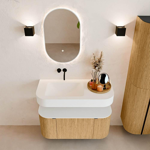 MONDIAZ THOR 100cm meuble de salle de bains arrondi gauche + droite couleur Oak avec 1 tiroir et 2 portes. Vasque suspendue CLOUD Gauche sans trou de robinet couleur Talc. SW1467340