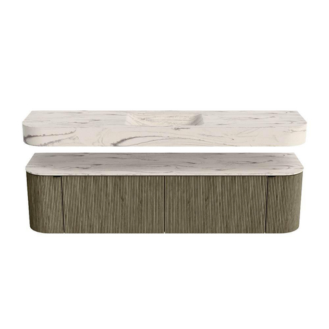 MONDIAZ THOR-DLUX 180cm meuble de salle de bains arrondi gauche + droite couleur Shadow avec 2 tiroirs et 2 portes. Vasque suspendue CLOUD Milieu sans trou de robinet couleur Nata. SW1466214