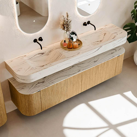 MONDIAZ THOR-DLUX 190cm meuble de salle de bains arrondi gauche + droite couleur Oak avec 2 tiroirs et 2 portes. Vasque suspendue CLOUD Double sans trou de robinet couleur Nata. SW1466748