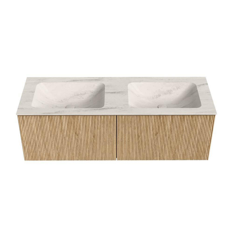 MONDIAZ KURVE-DLUX Meuble de salle de bains 130cm couleur Chêne avec 2 tiroirs et 0 portes. Lavabo LEAF Double sans trou de robinet Meli. SW1431637