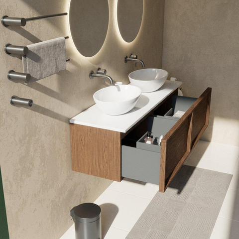 Saniclass Holz Frame Badkamermeubelset - 140x45x42.5cm - Torino solid surface topblad wit - zonder kraangat - 2 lades - mat walnut pure (hout) SW1478724