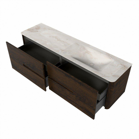 Mondiaz CIRO-DLUX Badkamermeubelset - 170x45x50cm - Solid surface wastafel Frappe - 1 wasbak Rechts - 1 kraangat - 4 lades - Walnut SW1530239