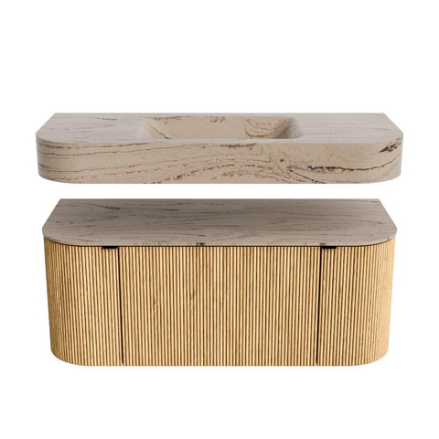MONDIAZ THOR-DLUX Meuble de salle de bains - 110cm - arrondi gauche + droite - couleur Oak - 1 tiroir - 2 portes - Vasque suspendue CLOUD Milieu sans trou de robinet couleur Arena SW1462870