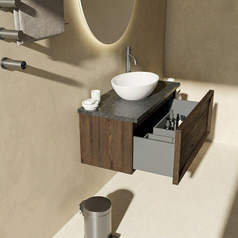 Saniclass Holz Frame Ensemble meuble de salle de bains - 100x45x43cm - Plan vasque en basalte Noche poli (noir) - 1 trou de robinet - 1 tiroir - chêne charcoal mat (bois) SW1478564