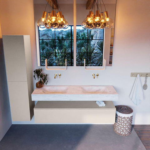 Mondiaz ALAN-DLUX Ensemble de meuble - 150cm - meuble Linen mat - 1 tiroir - Lavabo Cloud Opalo suspendu - vasque Gauche et droite - 0 trous de robinet SW806631