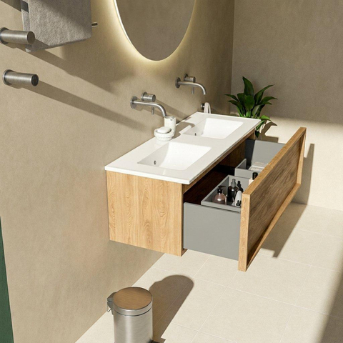 Saniclass Holz Frame Ensemble de meubles de salle de bains - 120x45x42cm - Vygo vasque en céramique blanche - 2 vasques - sans trous de robinet - 1 tiroir - chêne natural mat (bois) SW1441847