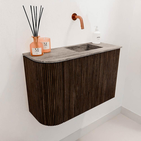 Mondiaz JOYA-DLUX 61.6cm toiletmeubel - ronding links kleur Walnut - Wastafel FAYE positie Rechts Zonder kraangat kleur Oza. SW1424584