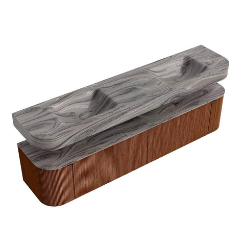 MONDIAZ THOR-DLUX Meuble de salle de bains - 200cm - arrondi gauche + droite - couleur Ruby - 2 tiroirs - 2 portes - Vasque suspendue CLOUD Double sans trou de robinet - couleur Sombra SW1467274