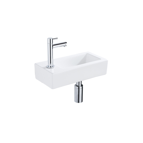QeramiQ Fuente pack lave-mains – 37,5 x 18,5 x 9 cm – céramique blanc mat – perçage à gauche – robinet chromé SW1232720