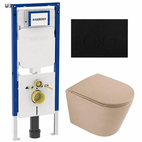 QeramiQ Dely Toiletset - 36.3x51.7cm - Geberit UP720 inbouwreservoir - rimless - diepspoel - zitting - softclose - metalen bedieningsplaat mat zwart - rechthoekige knoppen - mat beige SW1426523