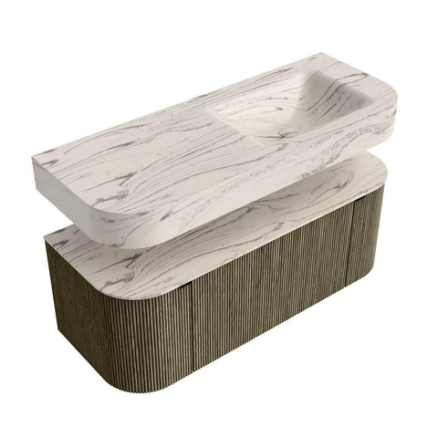 MONDIAZ THOR-DLUX 120cm meuble de salle de bains arrondi gauche + droite couleur Shadow avec 1 tiroir et 2 portes. Vasque suspendue CLOUD Droite sans trou de robinet couleur Nata. SW1463404