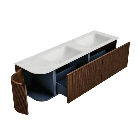 MONDIAZ KURVE-DLUX Meuble de salle de bains 155 cm avec module 25 L couleur Walnut avec 2 tiroirs et 1 porte. Lavabo LEAF double / à droite sans trou de robinet couleur Opalo. SW1137676