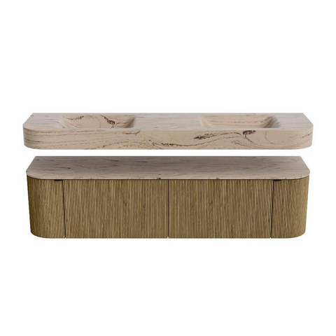 MONDIAZ THOR-DLUX 180cm meuble de salle de bains arrondi gauche + droite couleur Dusk avec 2 tiroirs et 2 portes. Vasque suspendue CLOUD Double sans trou de robinet couleur Arena. SW1466141
