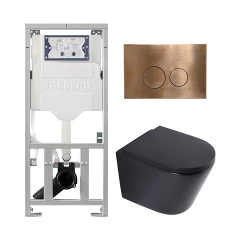 QeramiQ Dely Toiletset - 36.3x51.7cm - diepspoel - rimless - Geberit UP320 inbouwreservoir - softclose toilet zitting - 35mm - koperen bedieningsplaat - ronde knoppen - mat zwart SW1235424