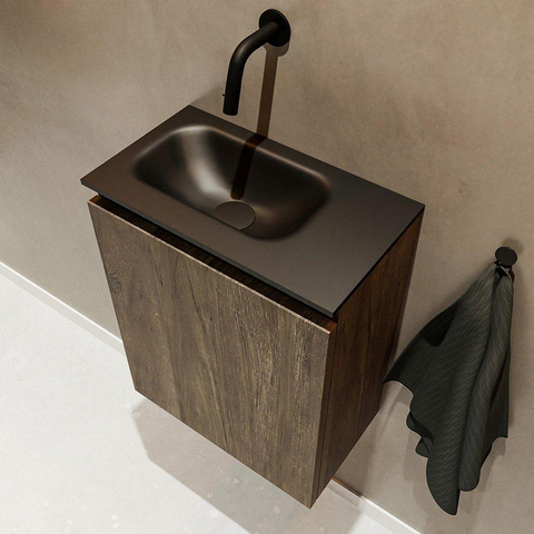 MONDIAZ TURE Toiletmeubel 40x23x50cm met 0 kraangaten 1 deuren dark brown mat Wastafel Eden links Solid Surface Zwart SW475520