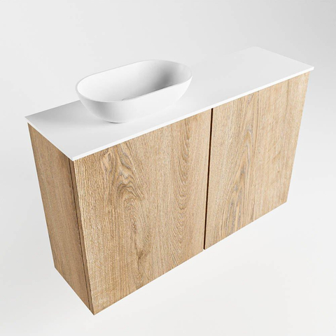 Mondiaz Fowy Meuble WC - 80x50x23cm - chêne blanchi mat - 1 trou de robinet - lavabo à gauche - 2 portes - solid surface - plan Mélamine - lavabo : blanc SW761430