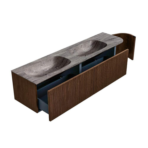 MONDIAZ KURVE-DLUX 175cm meuble de salle de bains avec arrondi à droite couleur Walnut avec 2 tiroirs et 1 porte. Lavabo STOR SMALL Double / gauche sans trou de robinet Oza. SW1432490