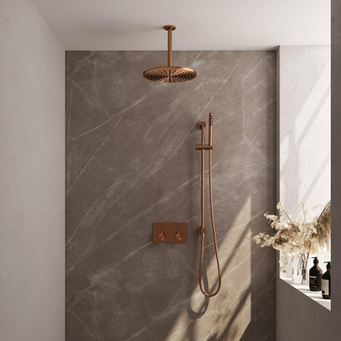BRAUER Copper Edition Thermostatische Regendouche inbouw - drukknoppen - SET 66 - 30cm hoofddouche - plafondarm - staaf handdouche - doucheslang - geïntegreerde glijstang - koper geborsteld PVD SW925612