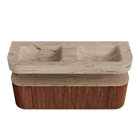 MONDIAZ THOR-DLUX 140cm meuble de salle de bains arrondi gauche + droite couleur Ruby avec 1 tiroir et 2 portes. Vasque suspendue CLOUD Double 2 trous de robinet couleur Arena. SW1464414