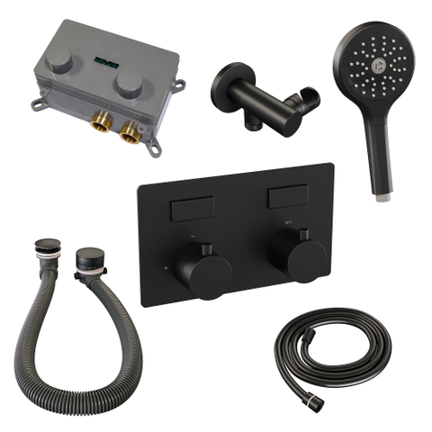 BRAUER Black Edition mitigeur de baignoire encastré thermostatique - boutons-poussoirs SET 04 - combinaison de remplissage de baignoire - douchette 3 jets - flexible de douche - coude de raccordement mural - noir mat SW925414