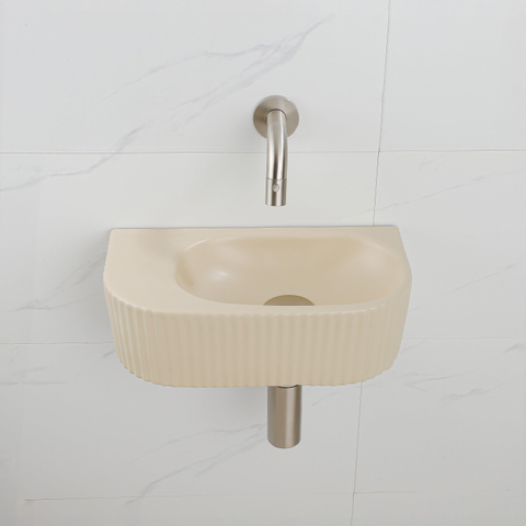 QeramiQ Fuente fonteinset – halfrond – 40x21.5x12 cm – keramiek beige – kraan geborsteld RVS – geribbeld SW1233105