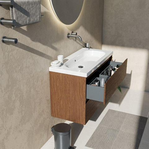Saniclass Holz Pure Badkamermeubelset - 100x45x63.5cm - Palermo keramische wastafel wit - 1 wasbak - zonder kraangat - 2 lades - mat walnut pure (hout) SW1478612