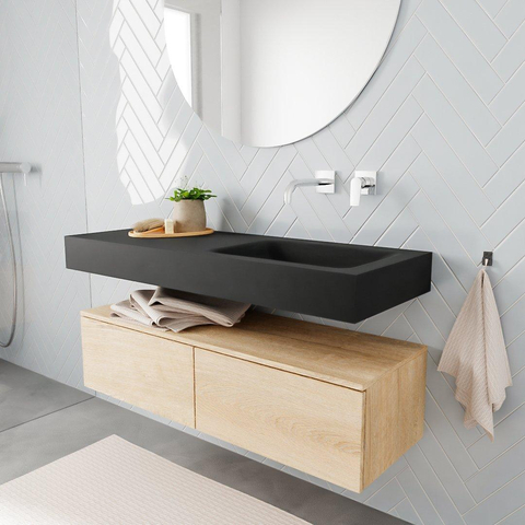 MONDIAZ ALAN 120cm - meuble sous-vasque - chêne blanchi - 2 tiroirs - lavabo suspendu - vasque à droite - 0 trous de robinet - urban SW408581