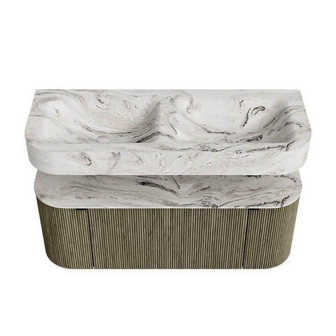 MONDIAZ THOR-DLUX 120cm badmeubel ronding links + rechts kleur Shadow met 1 lade en 2 deuren. Vrijhangende wastafel CLOUD Dubbel zonder kraangat kleur Glace. SW1463133