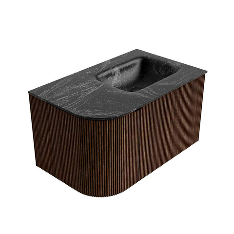 MONDIAZ KURVE-DLUX meuble de salle de bains 75cm avec module 25 L couleur Walnut avec 1 tiroir et 1 porte. Lavabo GRUNNE à droite sans trou de robinet couleur Lava. SW1137208
