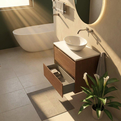 Saniclass Holz Pure Ensemble de meubles de salle de bains - 80x45x62.5cm - plan de toilette Torino en solid surface blanc - sans trou de robinetterie - 2 tiroirs - walnut pure mat (bois) SW1478702