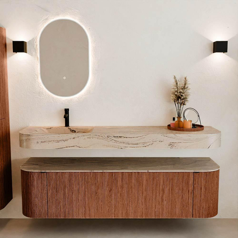 MONDIAZ THOR-DLUX 170cm meuble de salle de bains arrondi gauche + droite couleur Ruby avec 1 tiroir et 2 portes. Vasque suspendue CLOUD Gauche 1 trou de robinet couleur Arena. SW1465815