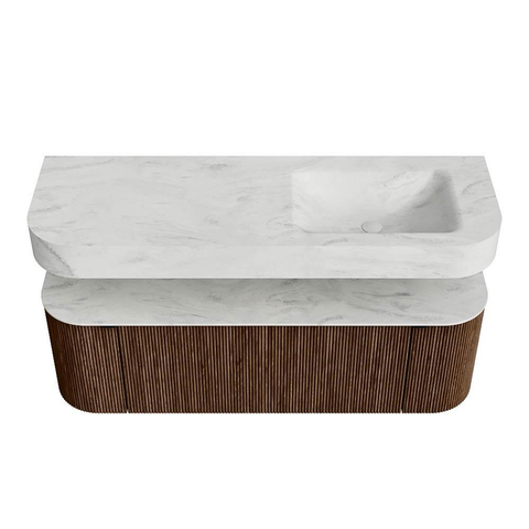 MONDIAZ THOR-DLUX 140cm badmeubel ronding links + rechts kleur Walnut met 1 lade en 2 deuren. Vrijhangende wastafel CLOUD Rechts 1 kraangat kleur Opalo. SW1464089
