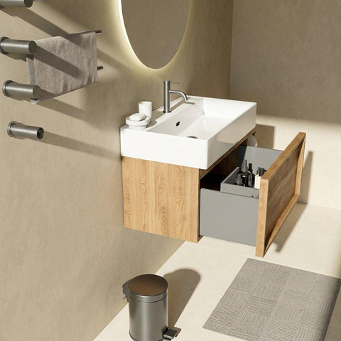 Saniclass Holz Frame Badkamermeubelset - 80x45x52cm - Legend keramische wastafel mat wit - 1 wasbak - 1 kraangat - 1 lade - mat eiken natural (hout) SW1579665
